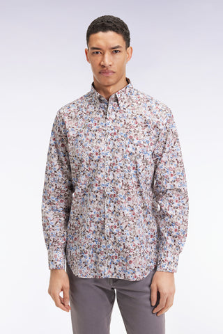 Brown cotton floral micropattern shirt, straight cut