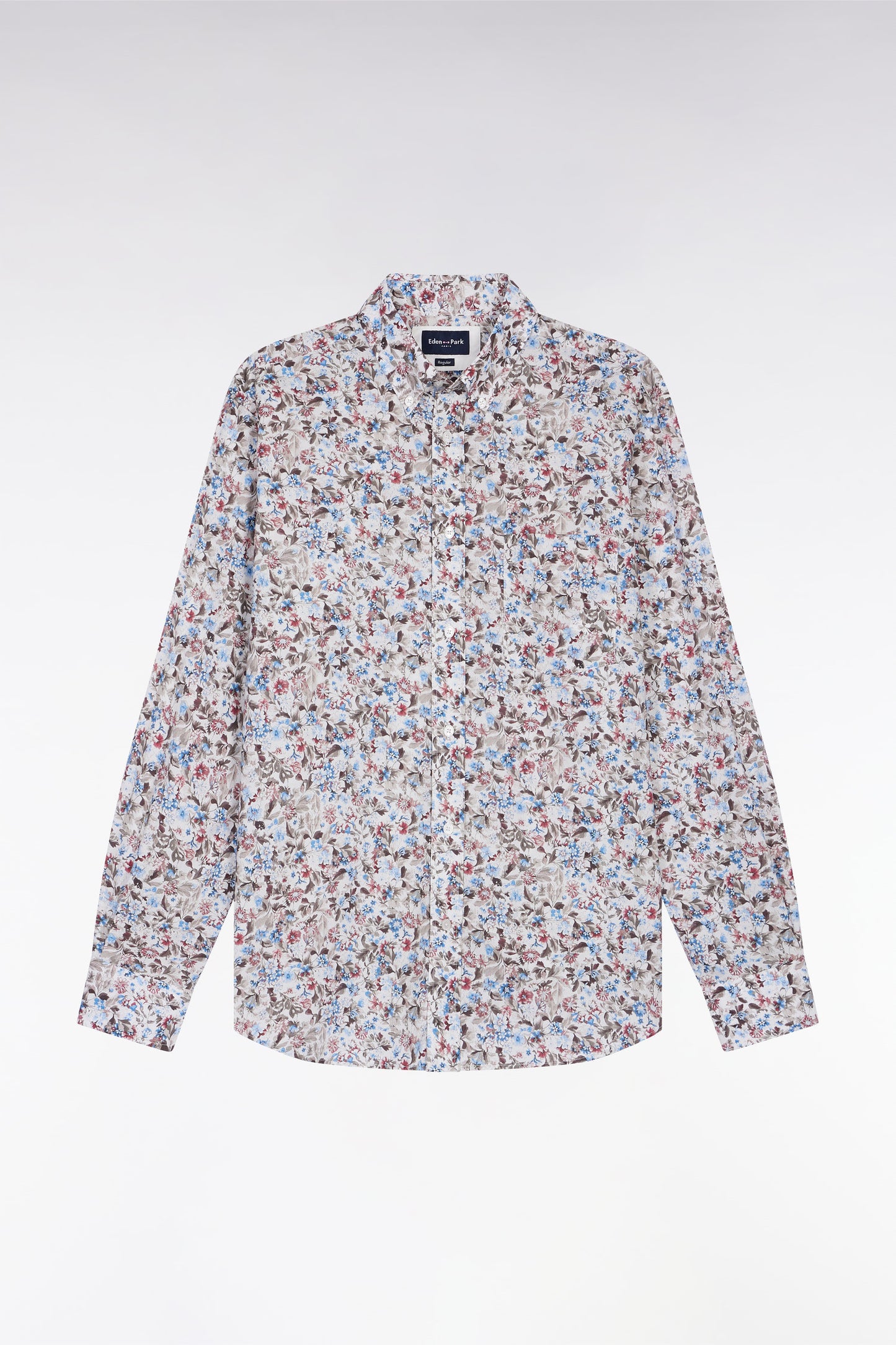 Chemise à micro-motifs fleurs en coton marron coupe droite