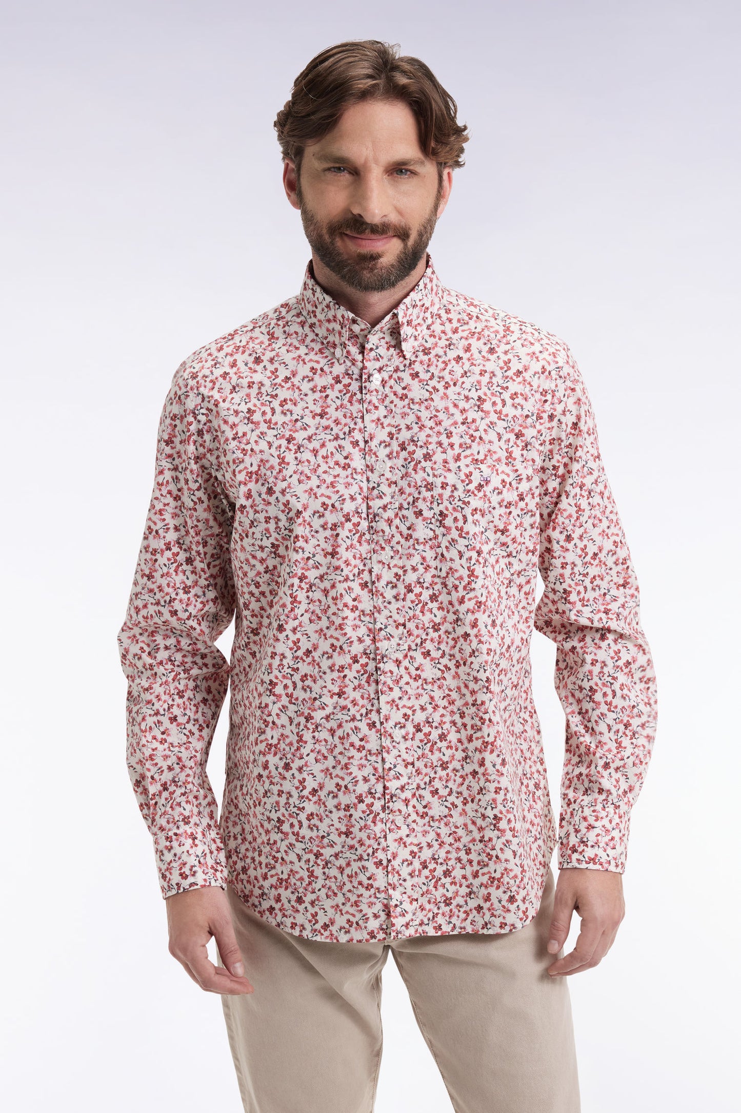 Chemise en popeline de coton à micro-motifs fleurs rouge coupe droite