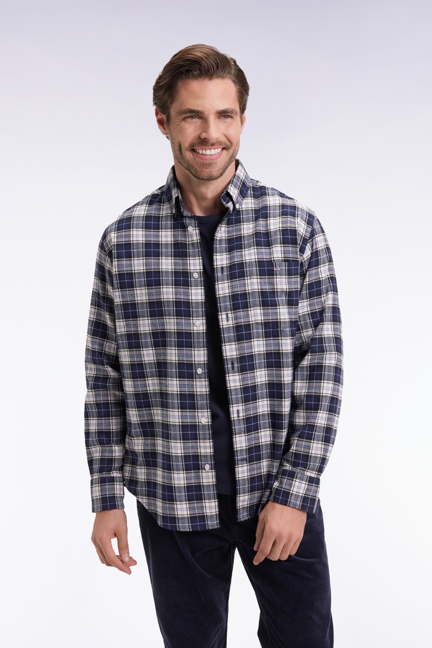 Chemise à carreaux en coton japonais marine coupe droite
