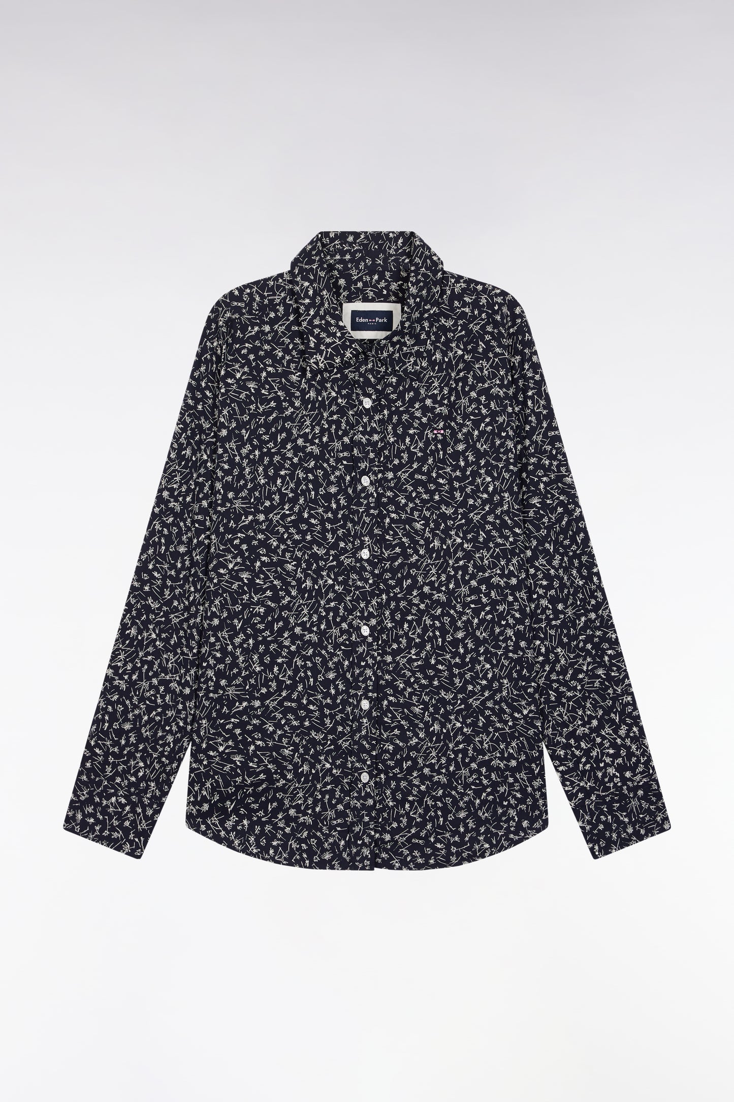 Chemise en popeline de coton marine à micro-motifs coupe slim