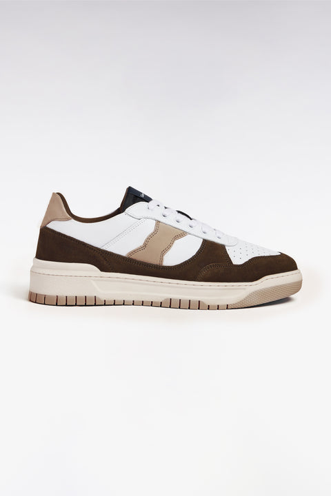 Sneakers bimatières en cuir lisse blanc et cuir suédé marron - Image 1