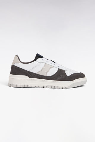 Sneakers bimatières en cuir lisse blanc et cuir suédé gris
