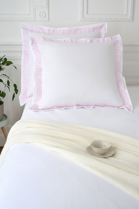Set of square white cotton pillowcases with pink striped trim - Image 1