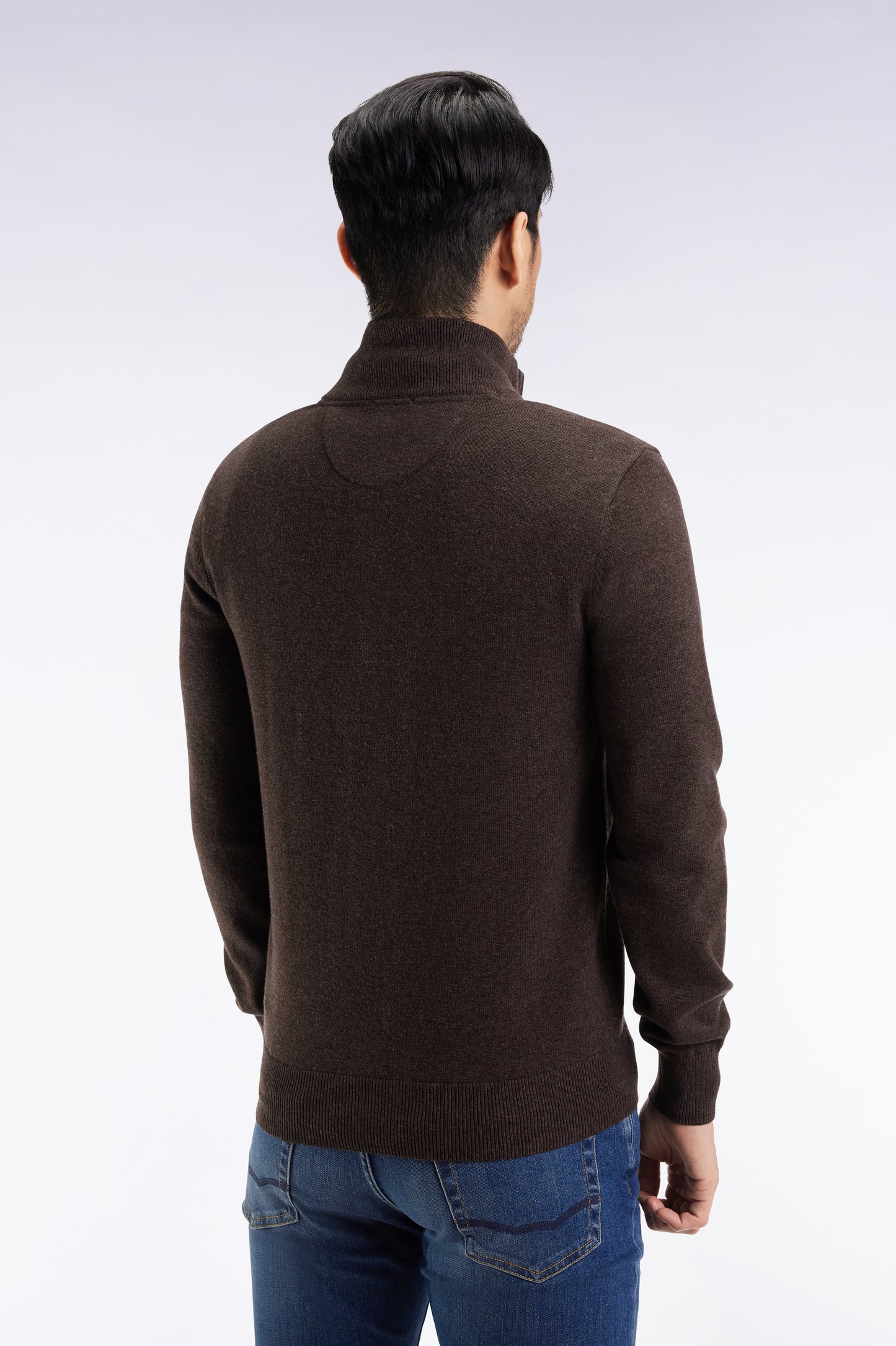 Cardigan zippé en laine et coton marron coupe droite
