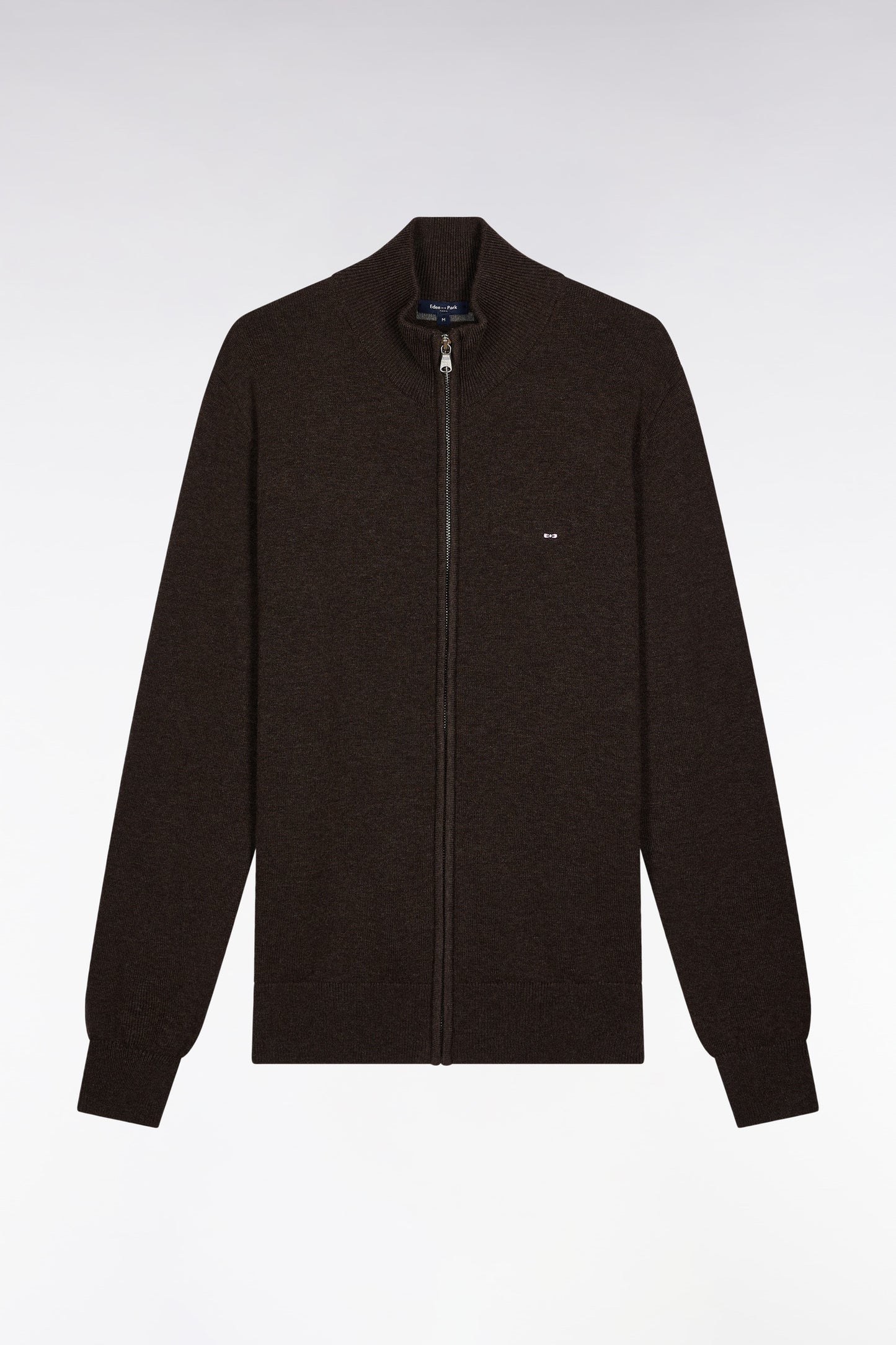 Cardigan zippé en laine et coton marron coupe droite