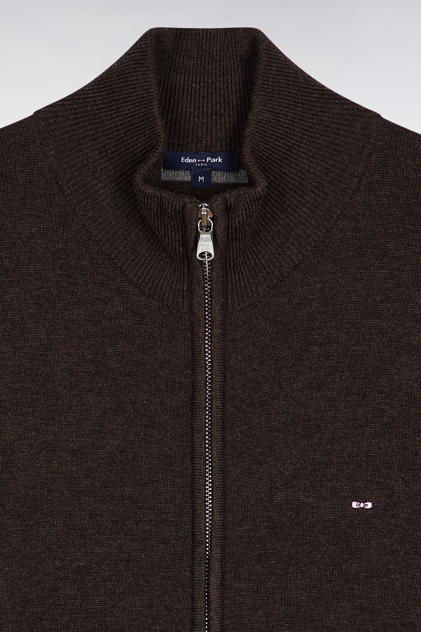 Cardigan zippé en laine et coton marron coupe droite