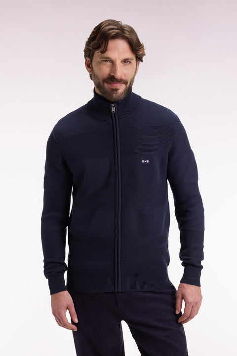 Cardigan zippé en coton nid d'abeille marine coupe droite - Image 1