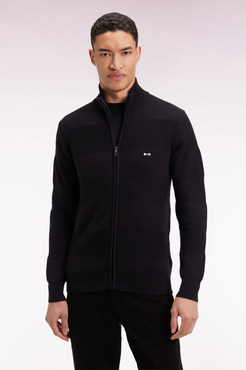 Cardigan zippé en coton nid d'abeille noir coupe droite - Image 1