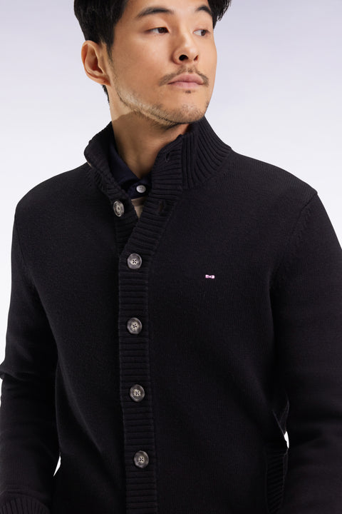 Cardigan à col montant en laine et coton noir - Image 1