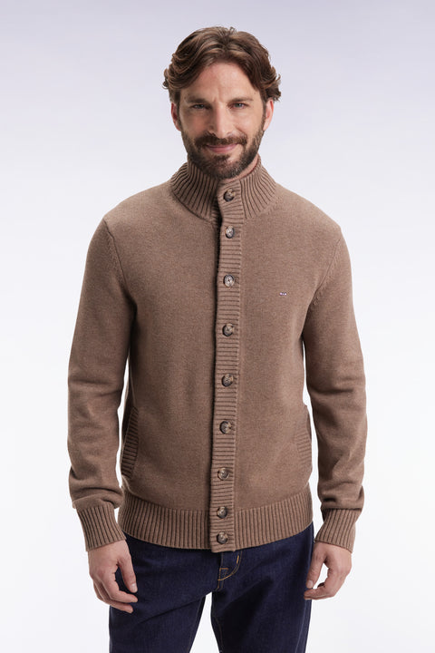 Cardigan à col montant en laine et coton camel - Image 1