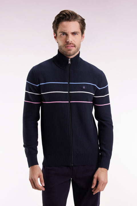 Cardigan zippé en coton marine à liserés colorés coupe droite - Image 1