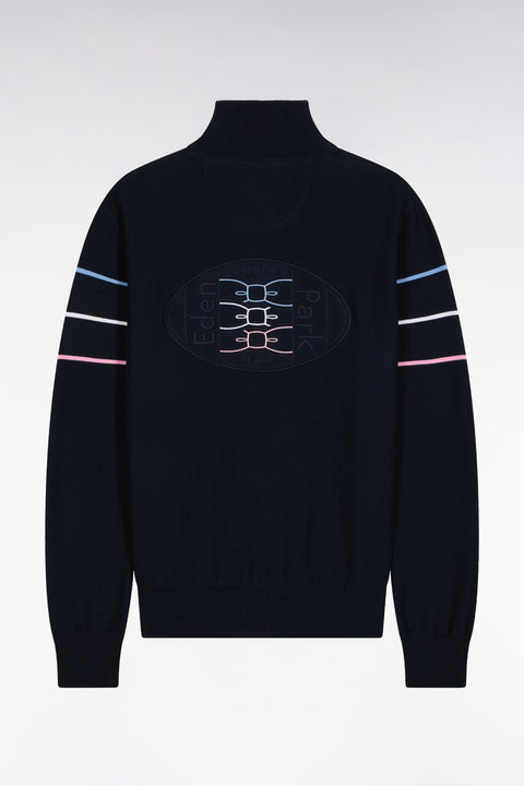 Cardigan zippé en coton marine à liserés colorés coupe droite - Image 2