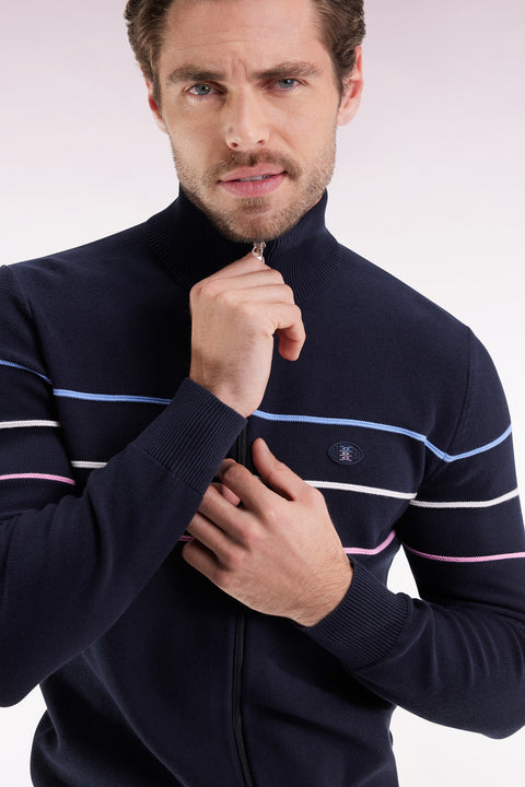Cardigan zippé en coton marine à liserés colorés coupe droite - Image 1