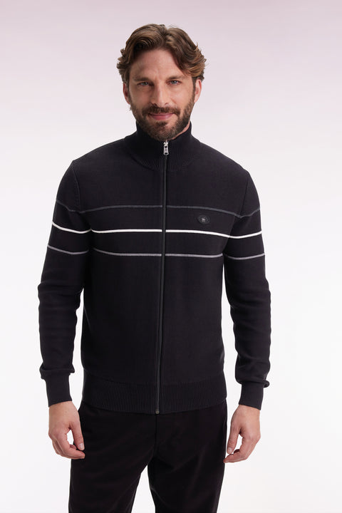 Cardigan zippé en coton noir à liserés colorés coupe droite - Image 1