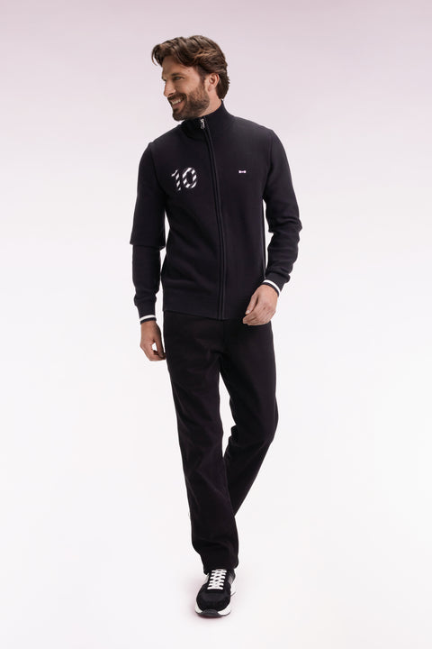 Cardigan zippé en coton marine broderie 10 noir coupe droite - Image 1