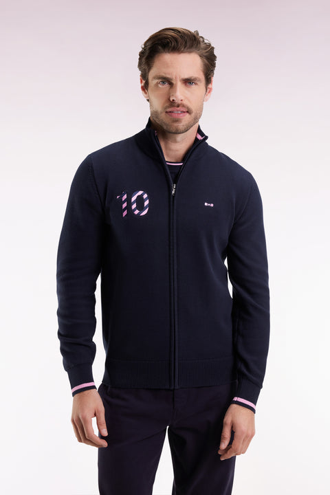 Cardigan zippé en coton marine broderie 10 marine coupe droite - Image 1