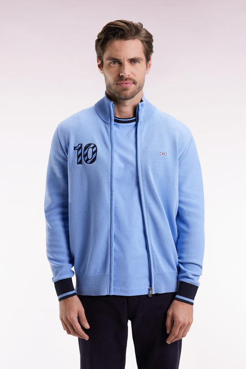 Cardigan zippé en coton marine broderie 10 ciel coupe droite - Image 3