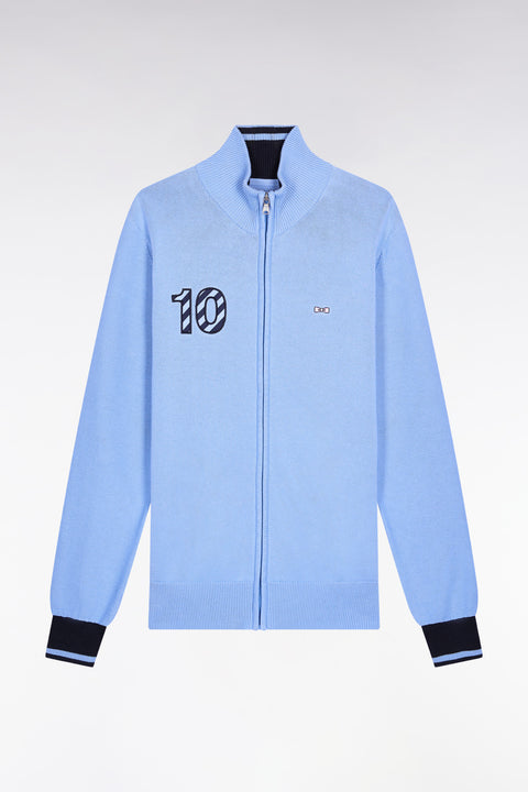 Cardigan zippé en coton marine broderie 10 ciel coupe droite - Image 2