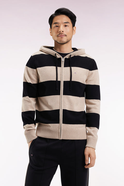 Pull à capuche zippé en laine et coton rayé marine et beige coupe droite - Image 3