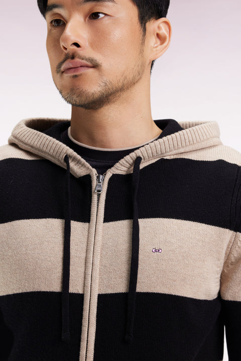 Pull à capuche zippé en laine et coton rayé marine et beige coupe droite - Image 1