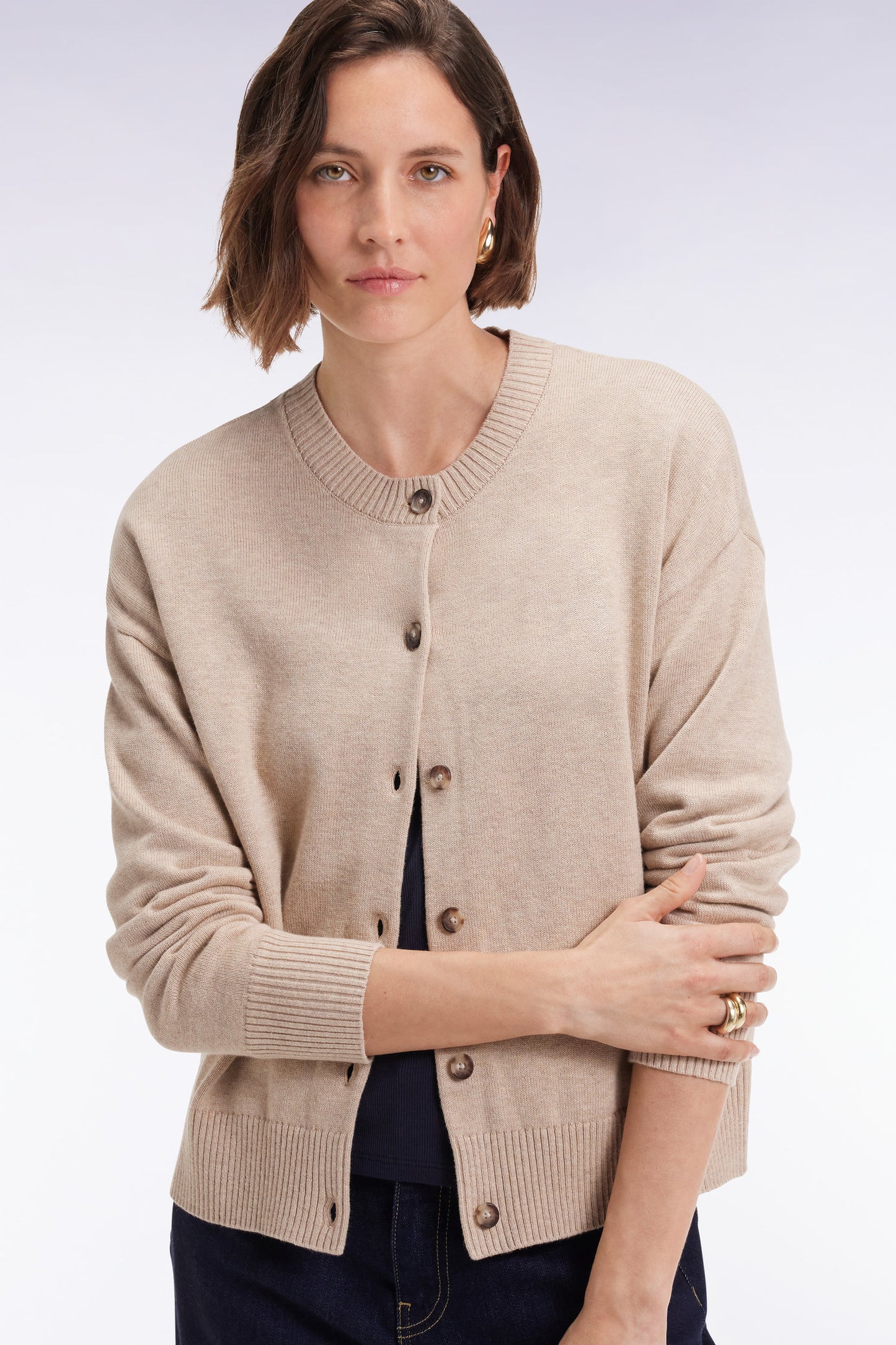Cardigan in wool and beige cotton Relaxed cut