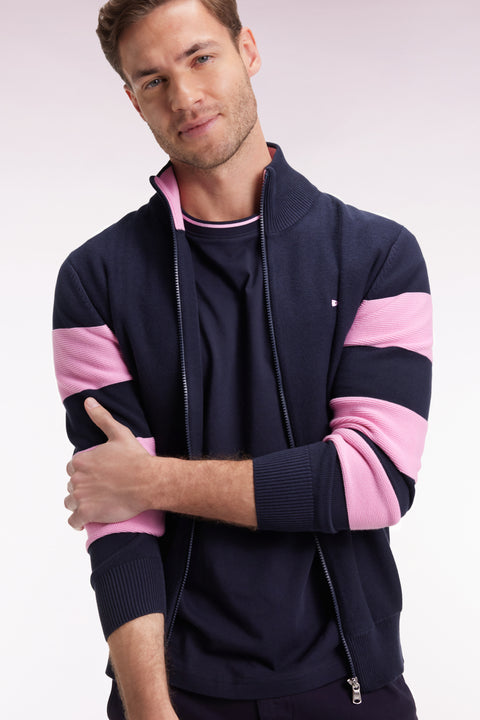 Cardigan zippé en coton marine à rayures de manches roses coupe droite - Image 1