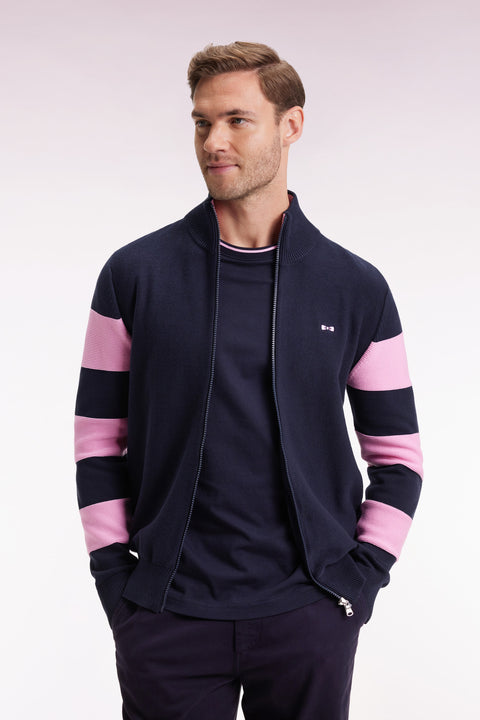 Cardigan zippé en coton marine à rayures de manches roses coupe droite - Image 3