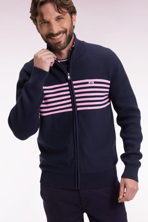 Cardigan zippé en coton marine à rayures roses coupe droite - Image 1