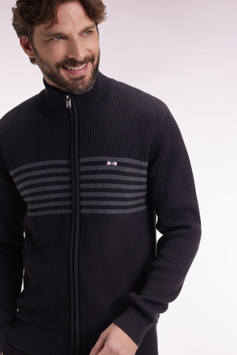 Cardigan zippé en coton noir à rayures grises coupe droite - Image 1