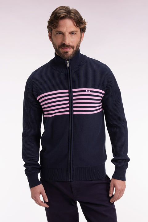 Cardigan zippé en coton marine à rayures roses coupe droite - Image 3