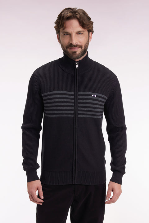 Cardigan zippé en coton noir à rayures grises coupe droite - Image 3