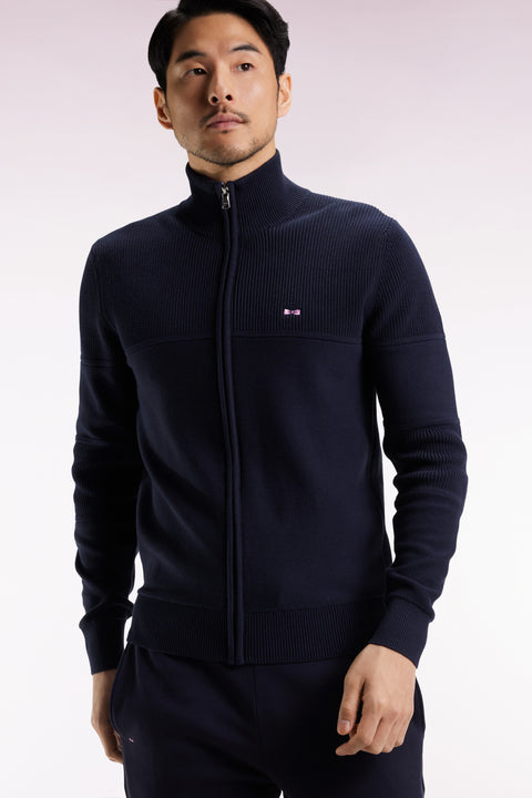 Cardigan zippé en coton marine broderie dos ciel - Image 1