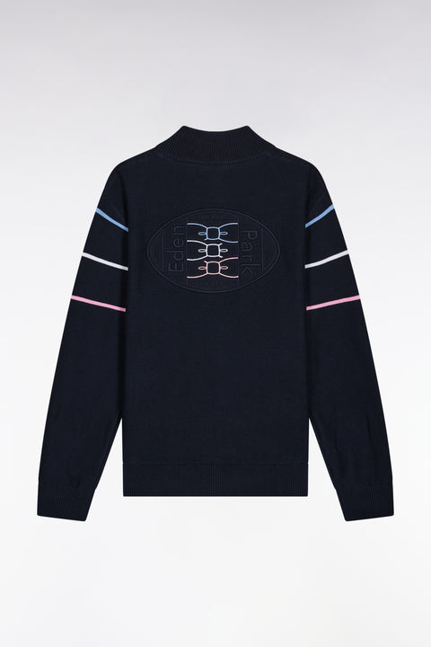 Cardigan zippé en coton marine broderie tricolore - Image 1