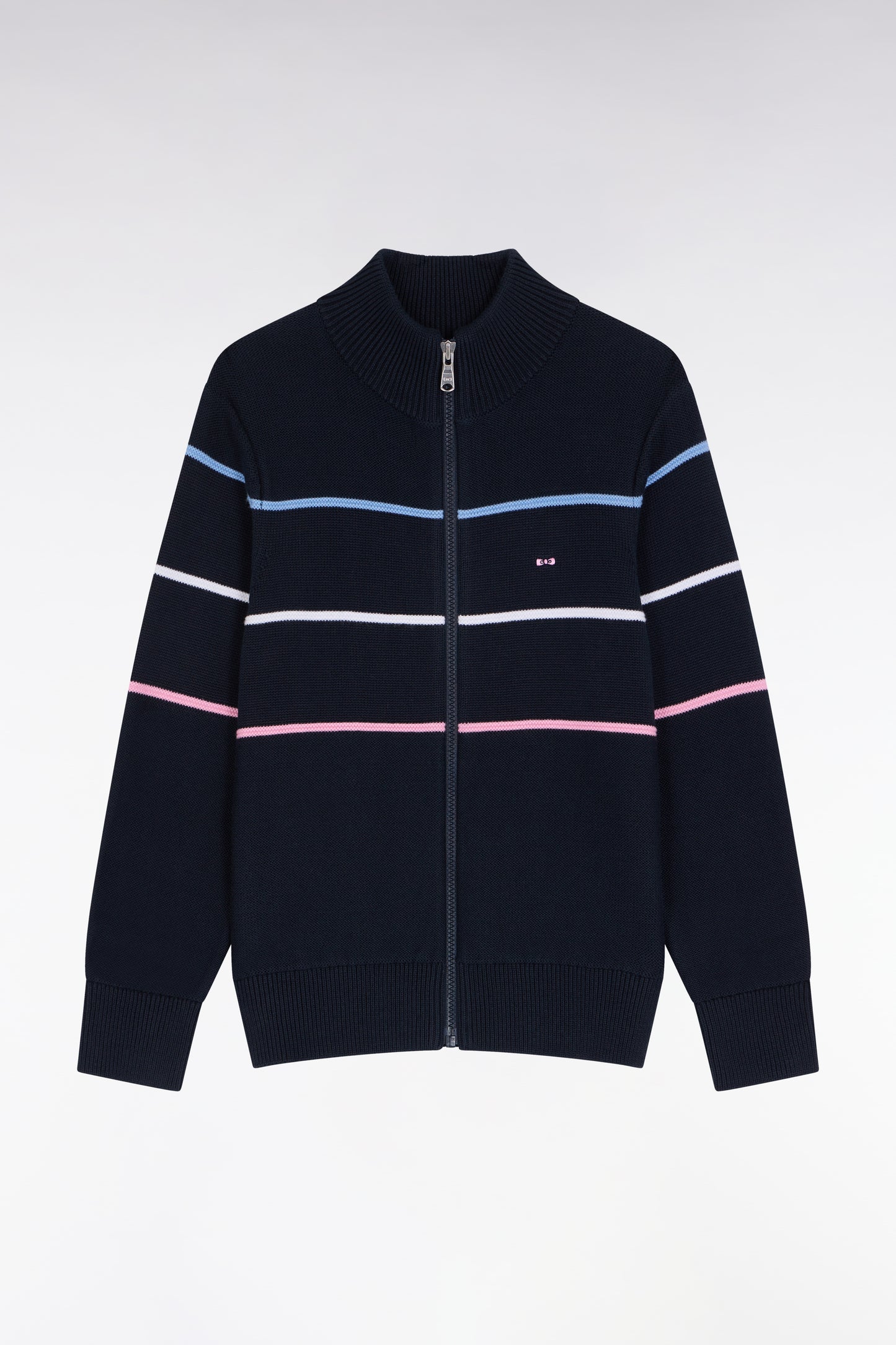 Cardigan zippé en coton marine broderie tricolore