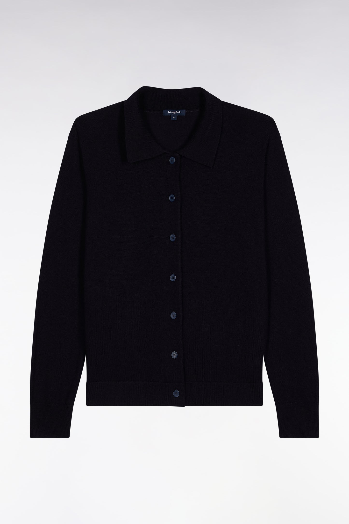 Cardigan with classic collar in straight-cut navy merino wool