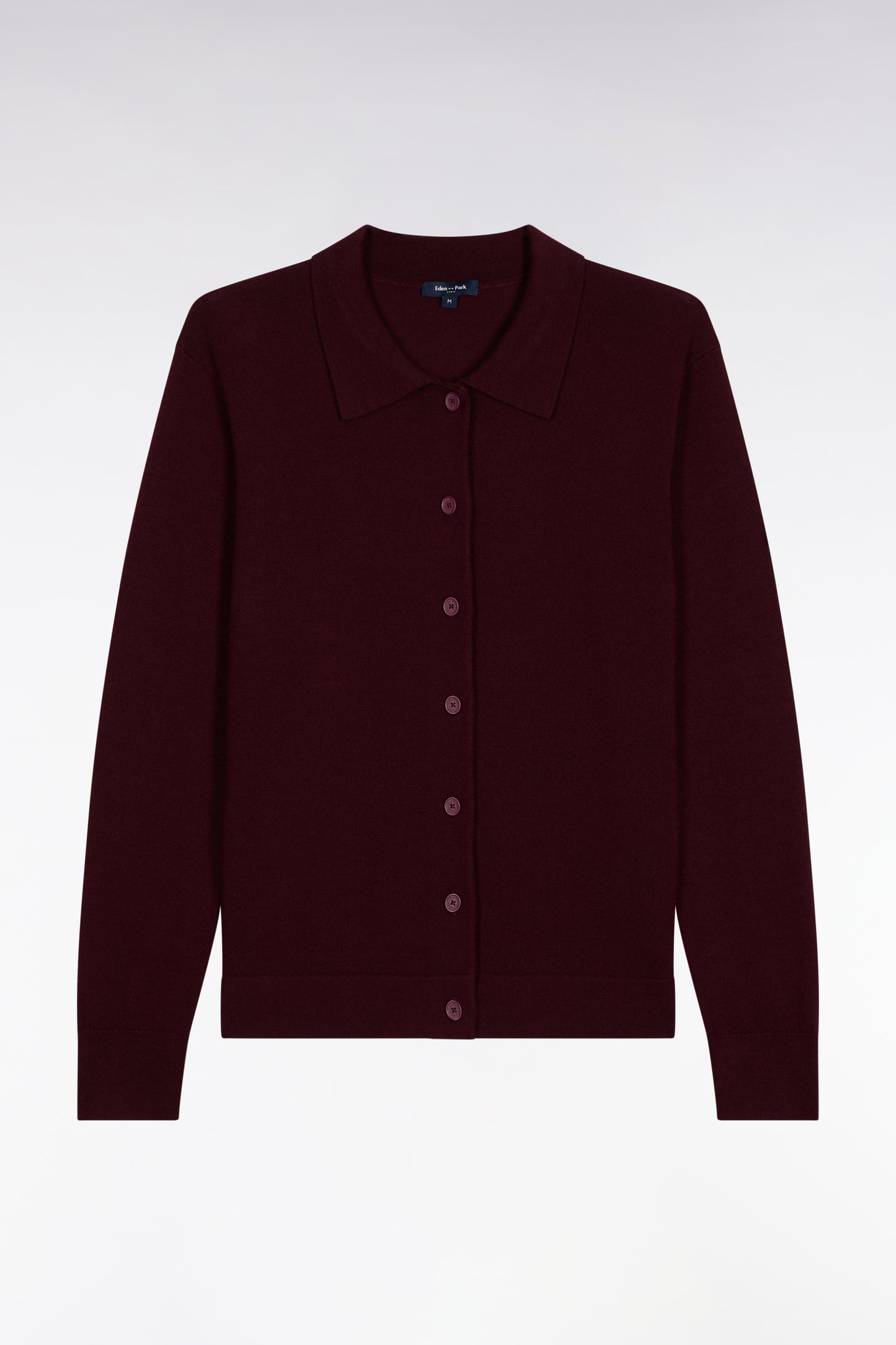 Cardigan with classic burgundy merino wool collar, straight cut
