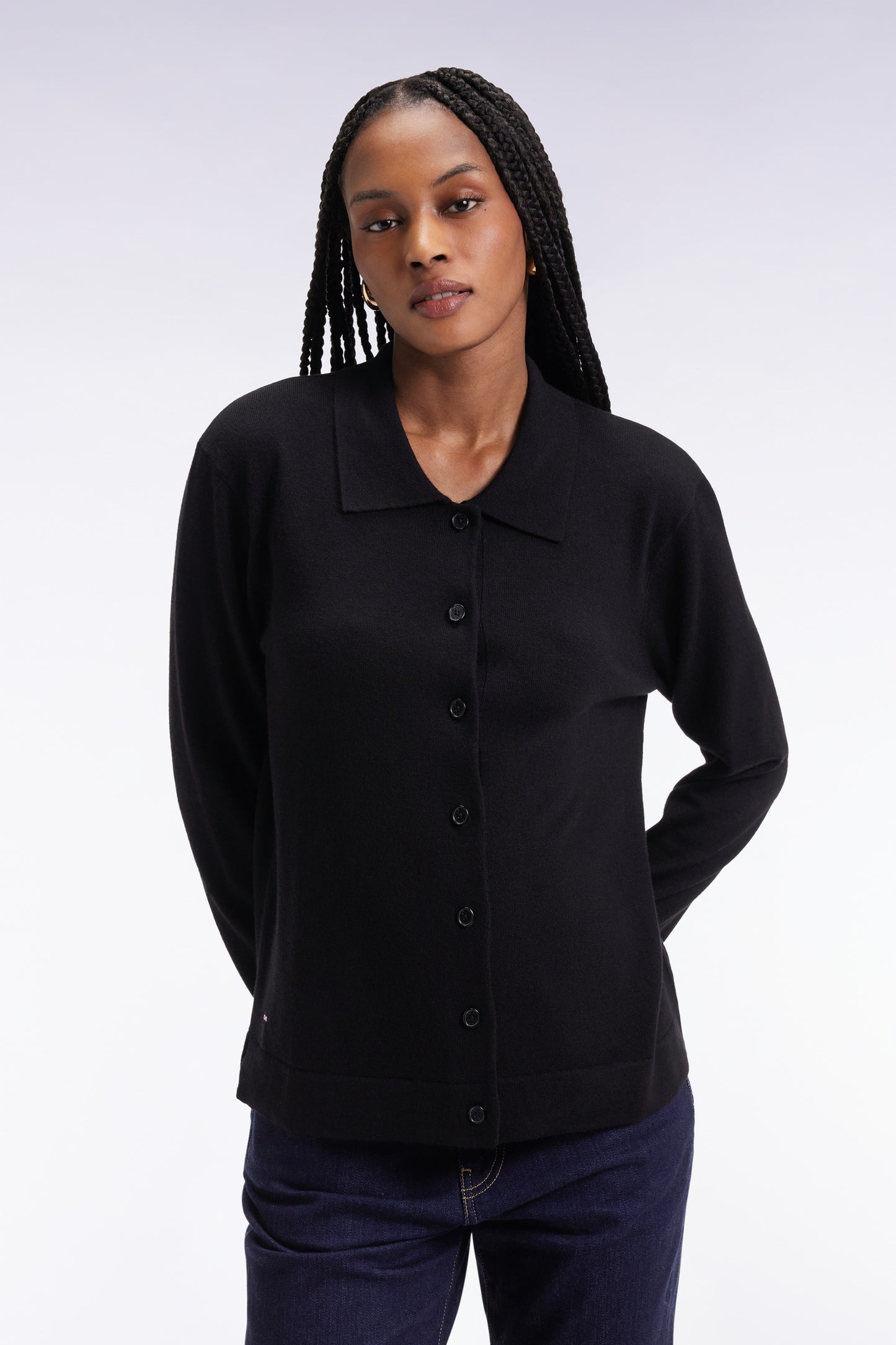 Cardigan with classic collar in black straight-cut merino wool