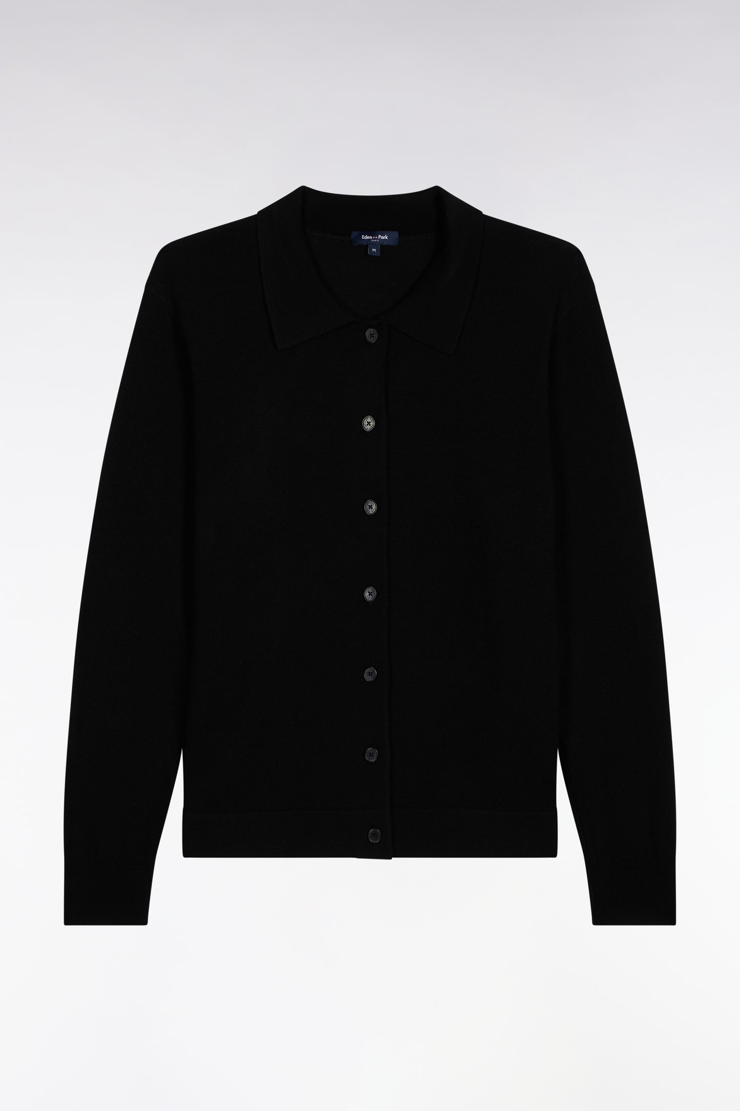 Cardigan with classic collar in black straight-cut merino wool