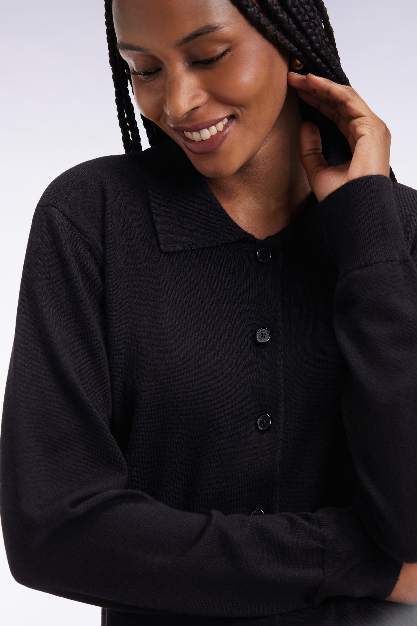 Cardigan with classic collar in black straight-cut merino wool