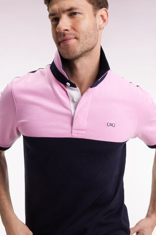 Short-sleeved jersey in two-tone navy and pink cotton