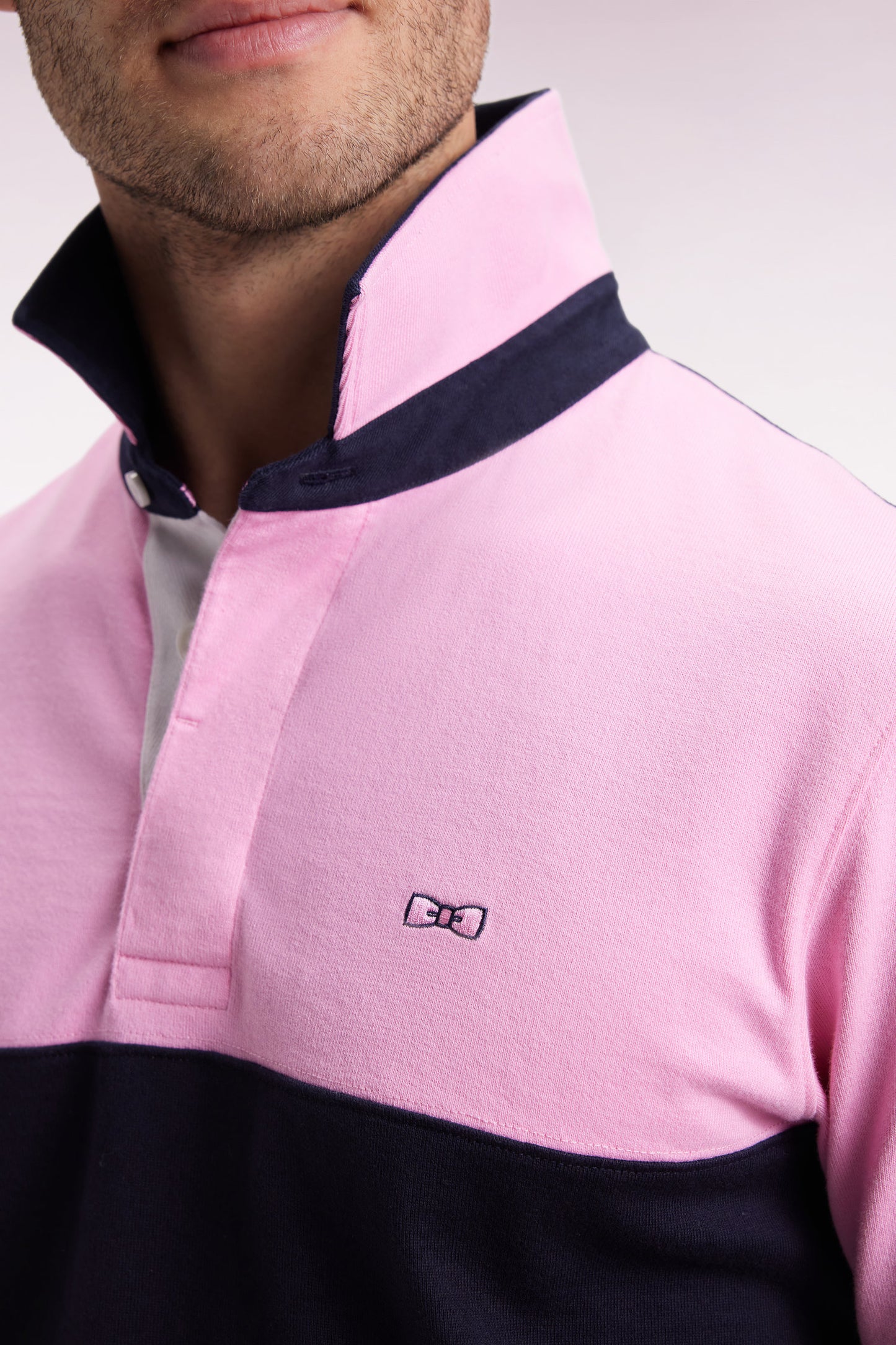 Maillot à manches courtes en coton bicolore marine et rose