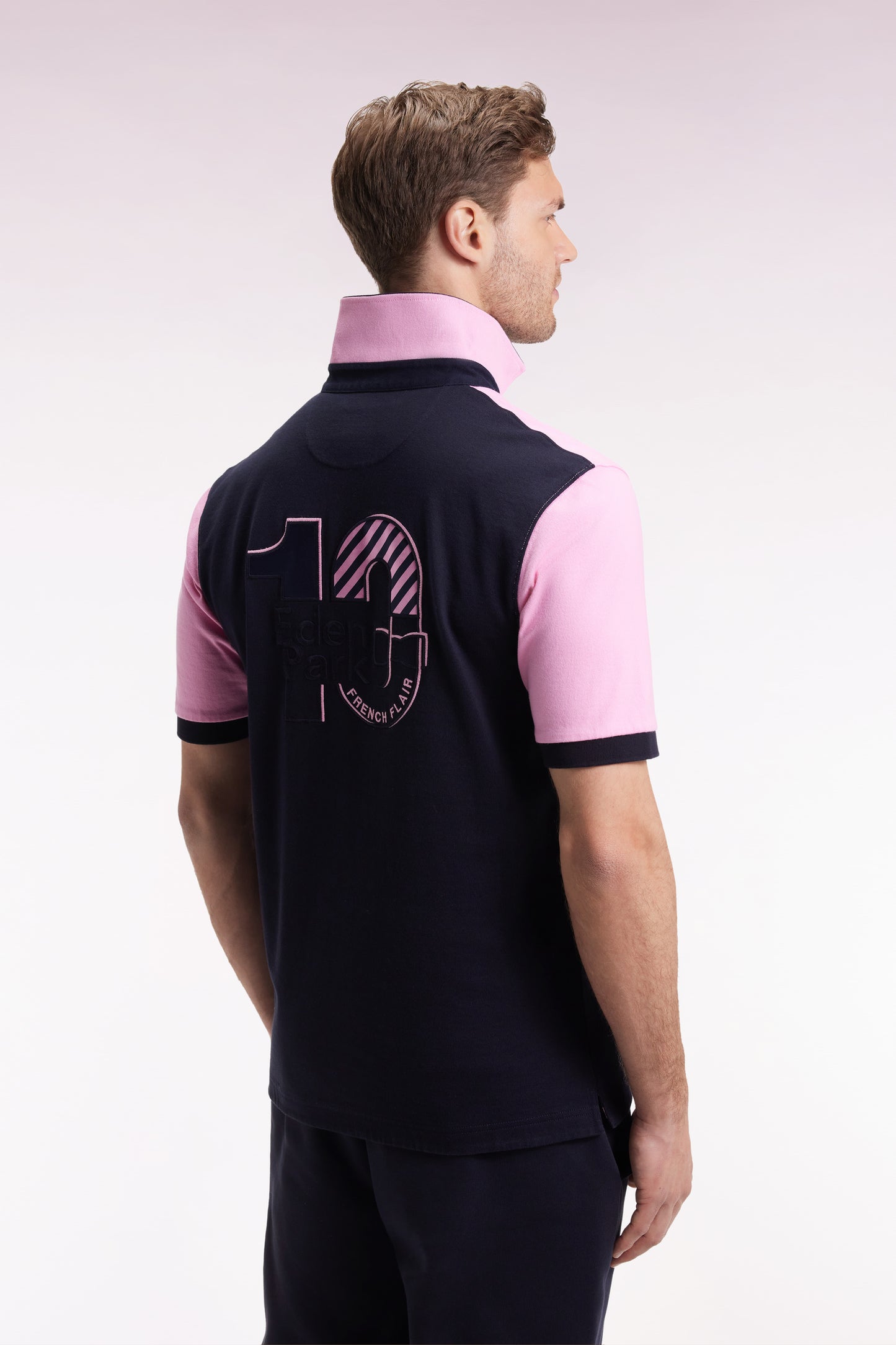 Maillot à manches courtes en coton bicolore marine et rose