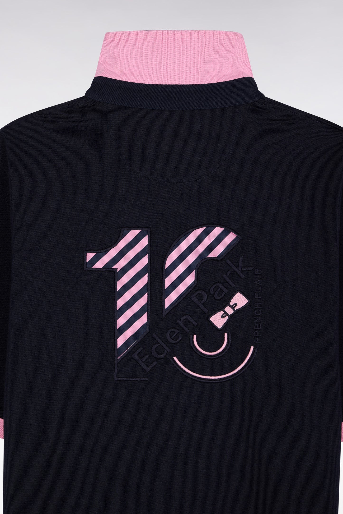 Short-sleeved jersey in navy cotton with pink stripes