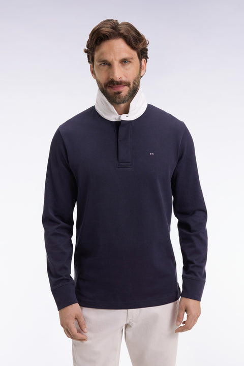 Maillot manches longues en jersey de coton Pima marine coupe droite - Image 1