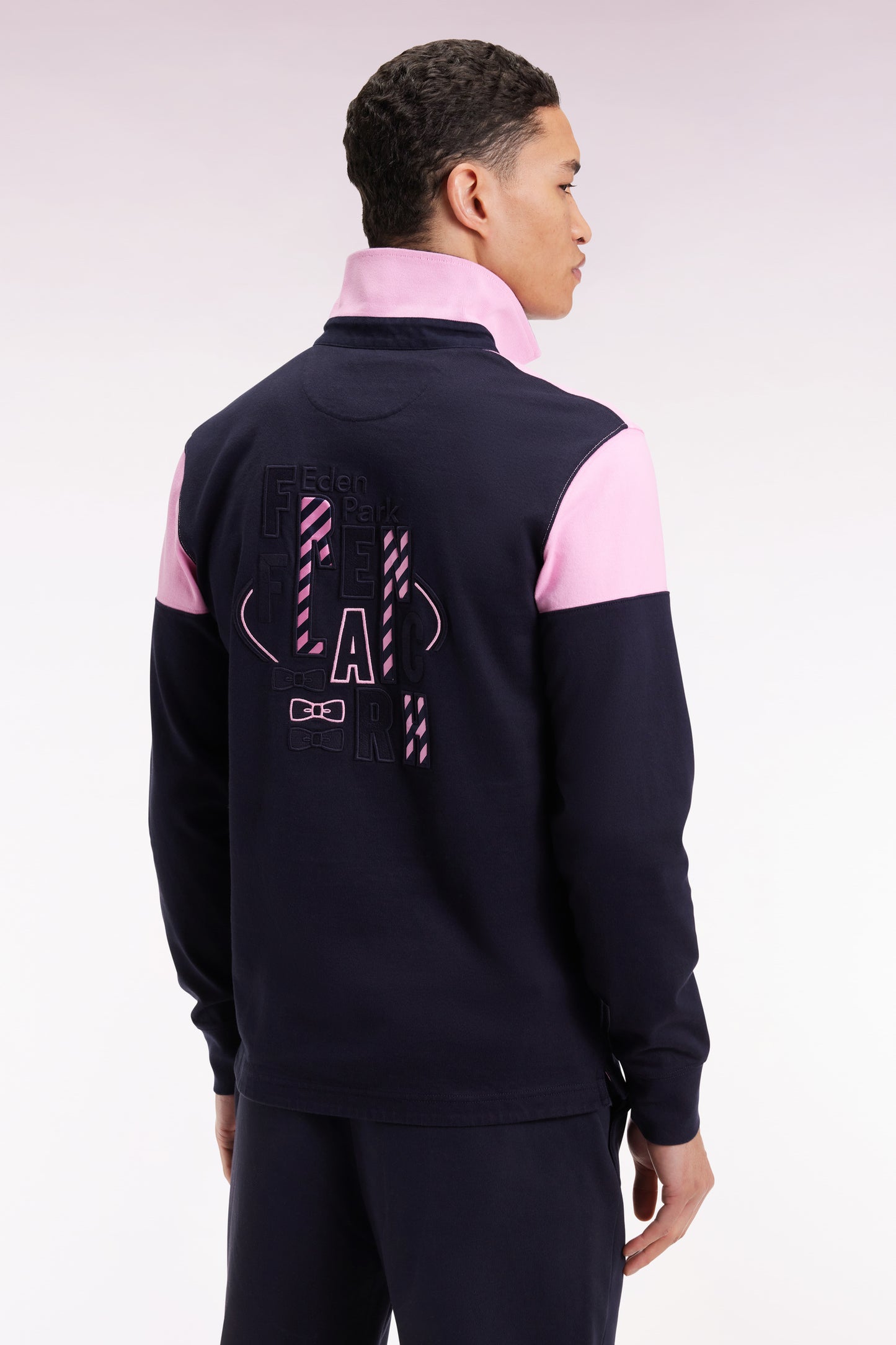 Maillot à manches longues en jersey bicolore marine et rose coupe droite