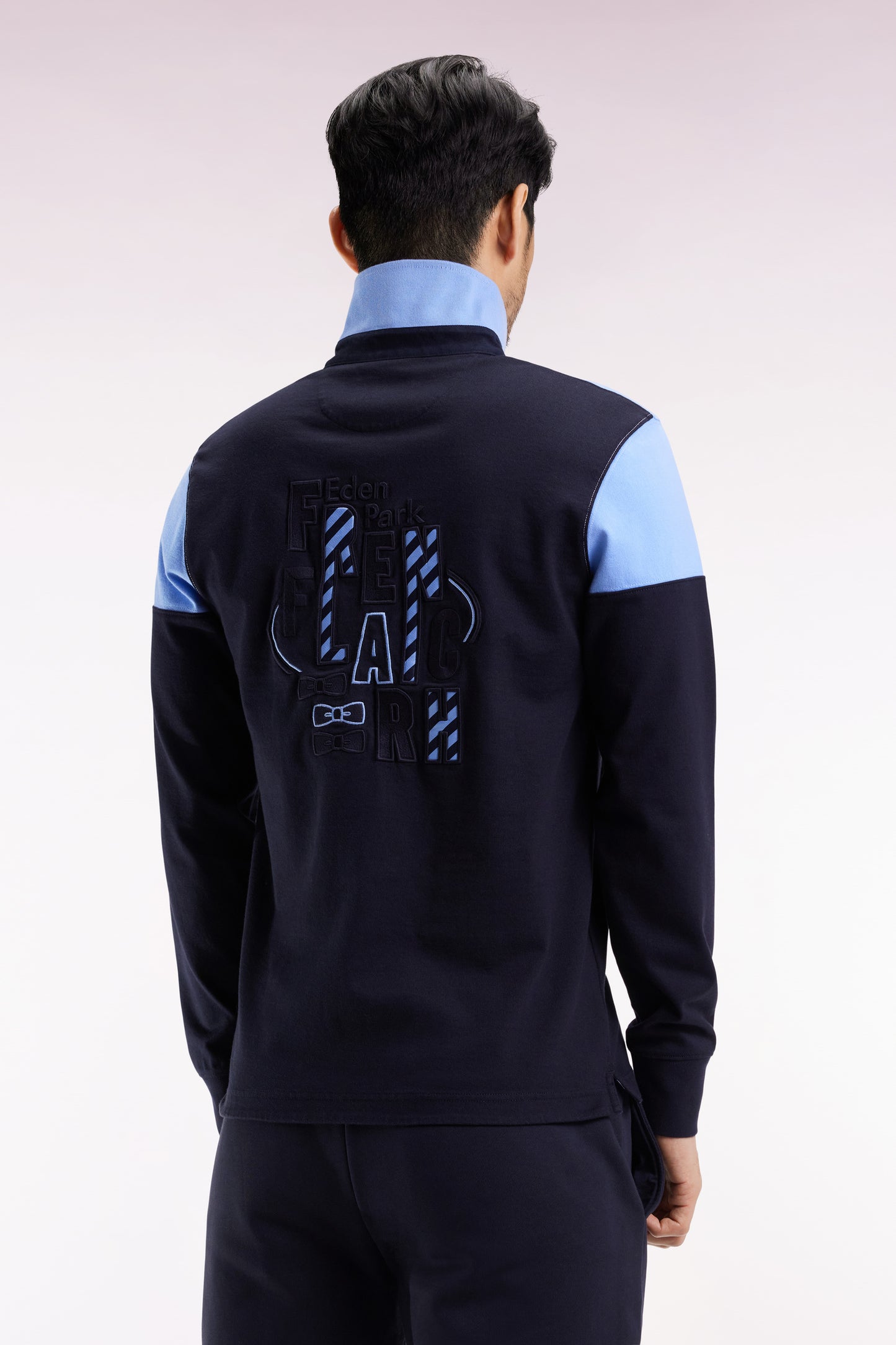 Maillot à manches longues en jersey bicolore marine et ciel coupe droite