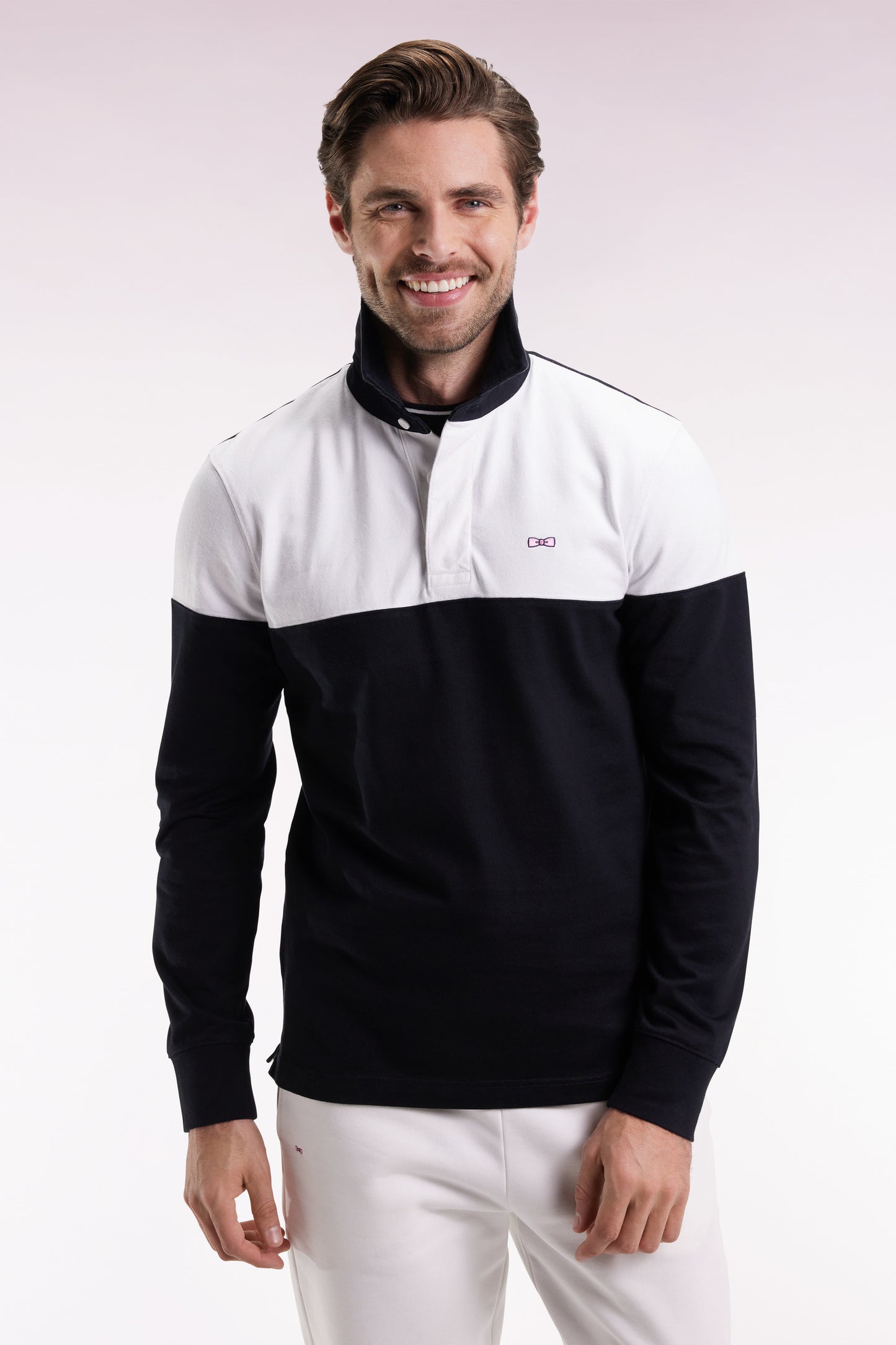 Maillot à manches longues en jersey bicolore noir et blanc coupe droite