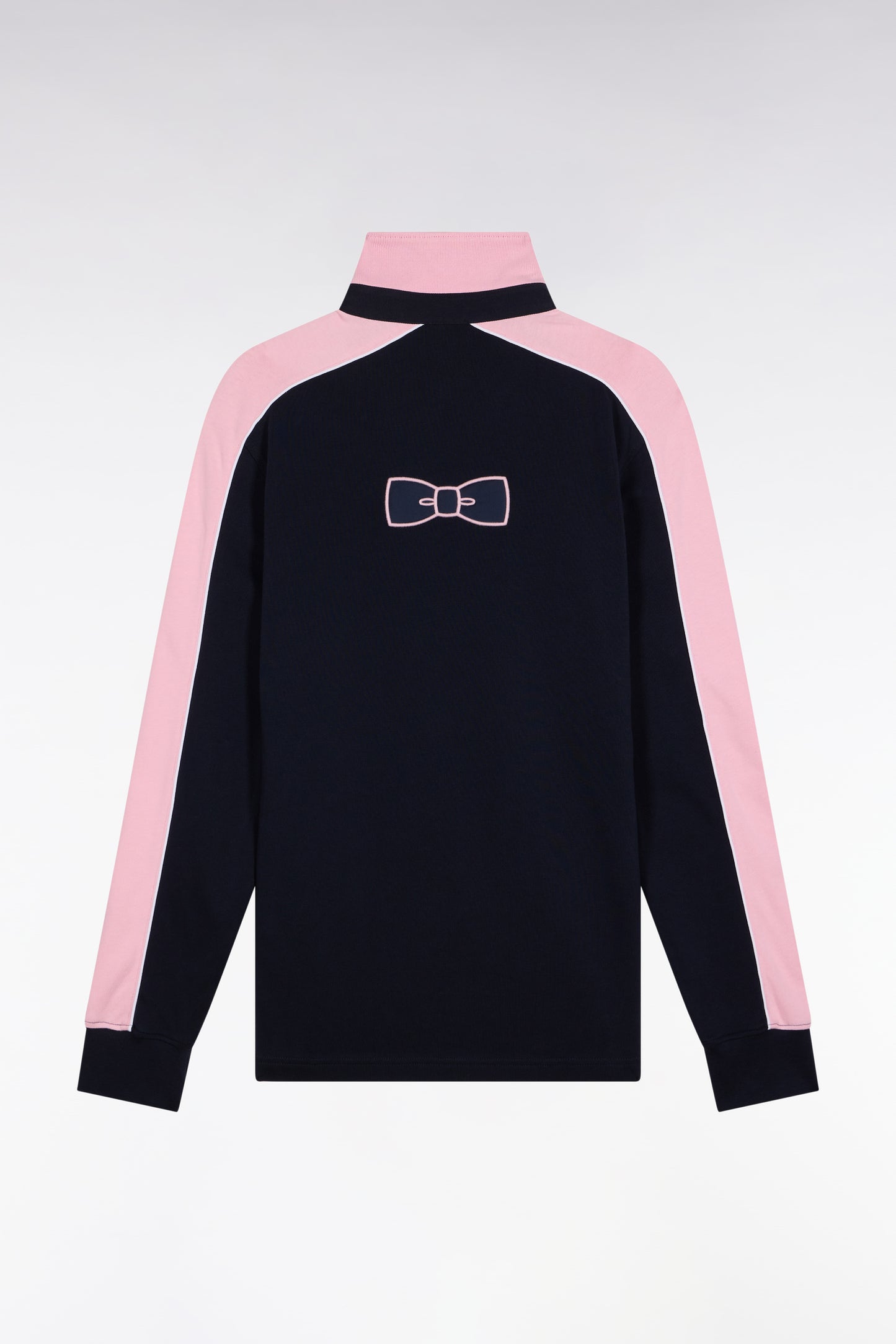 Navy and pink long-sleeved jersey with bow-tie embroidery, straight cut