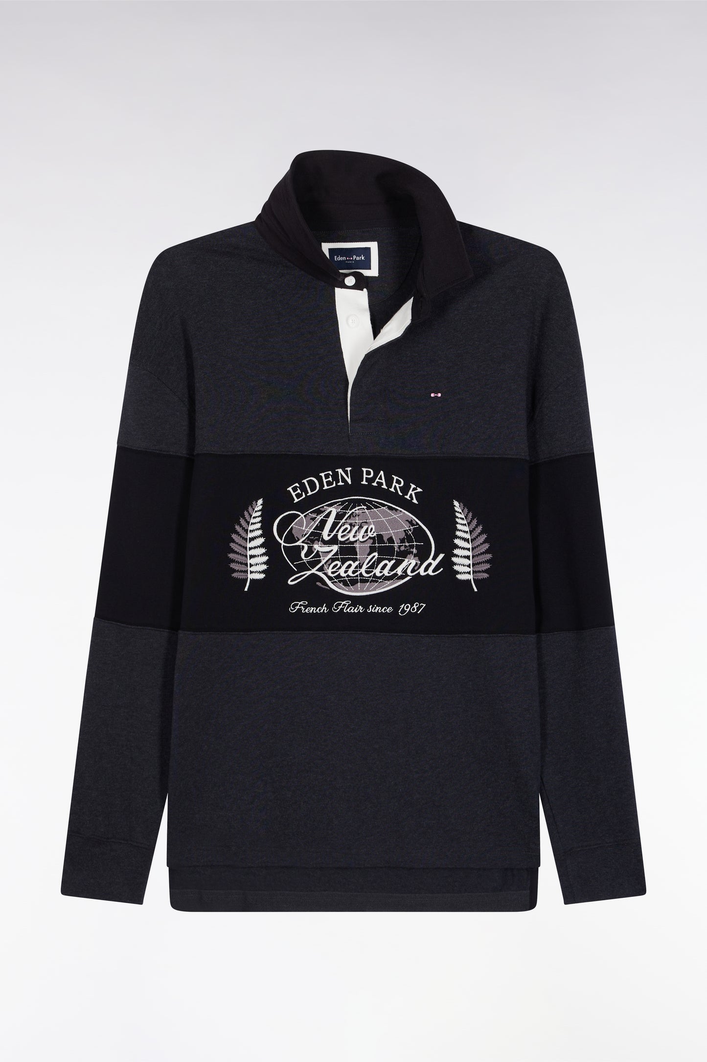 Black and grey long-sleeved jersey with New Zealand embroidery